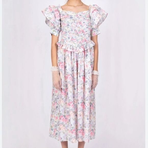 Batsheva x Laura Ashley Eden Pleated Ruffle Floral Quartet Print Midi Dress 6 - Picture 1 of 13